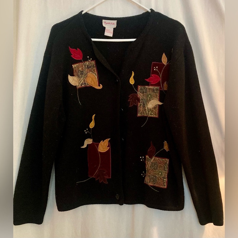 Crystal-Kobe Black Knit Cardigan with Autumn Leaf Appliqué Size M